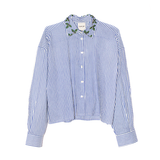 Donkerblauwe Streepjes Blouse Blaadjes Kraag