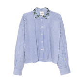 Donkerblauwe Streepjes Blouse Blaadjes Kraag
