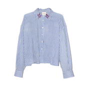 Donkerblauw Gestreept Blouse Bloemen Kraag