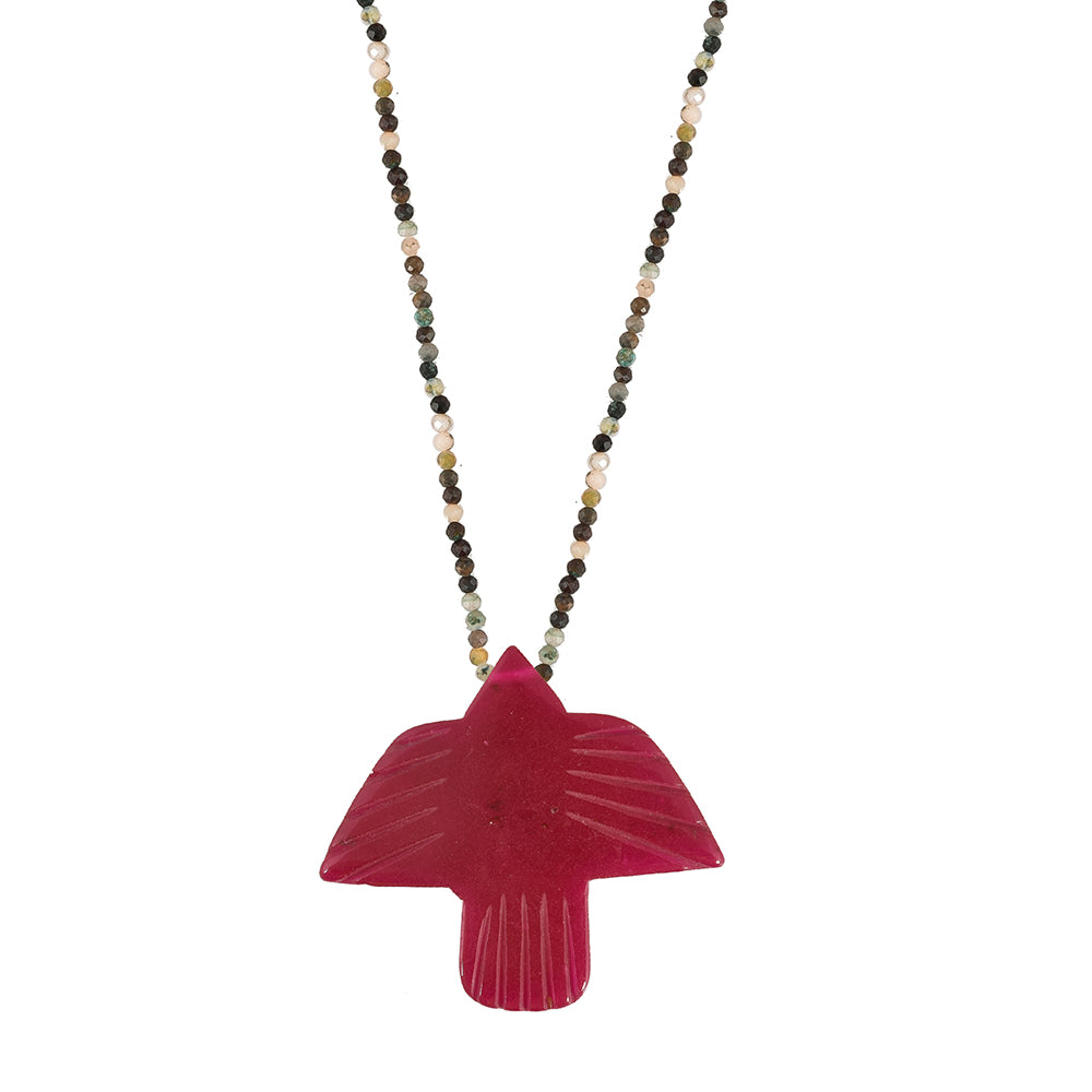 tourmalijn ketting met ruby jade vogel