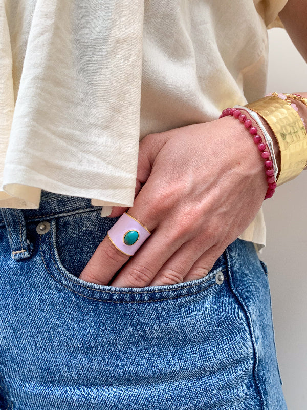 Grote Emaille Ring Lila met Turquoise Steen