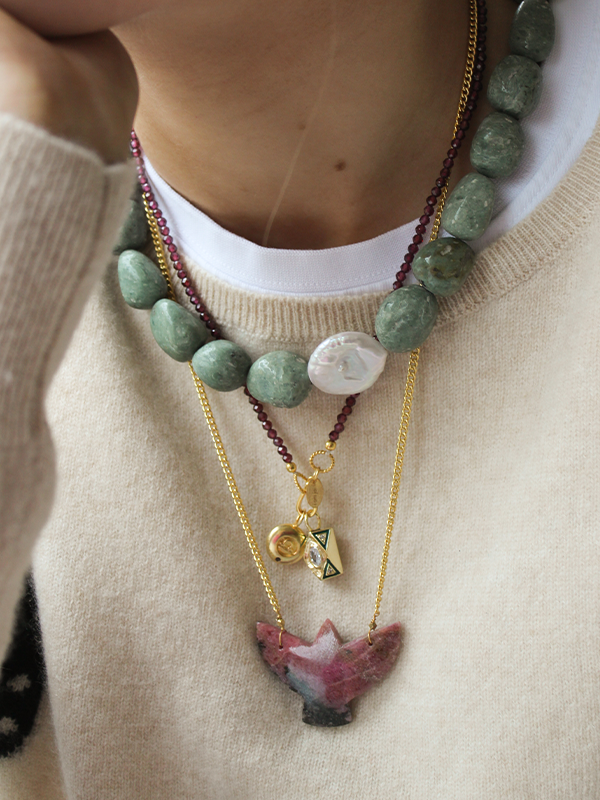 gouden gourmet ketting rhodonite vogel bedel 