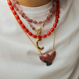 gouden gourmet ketting rhodonite vogel bedel