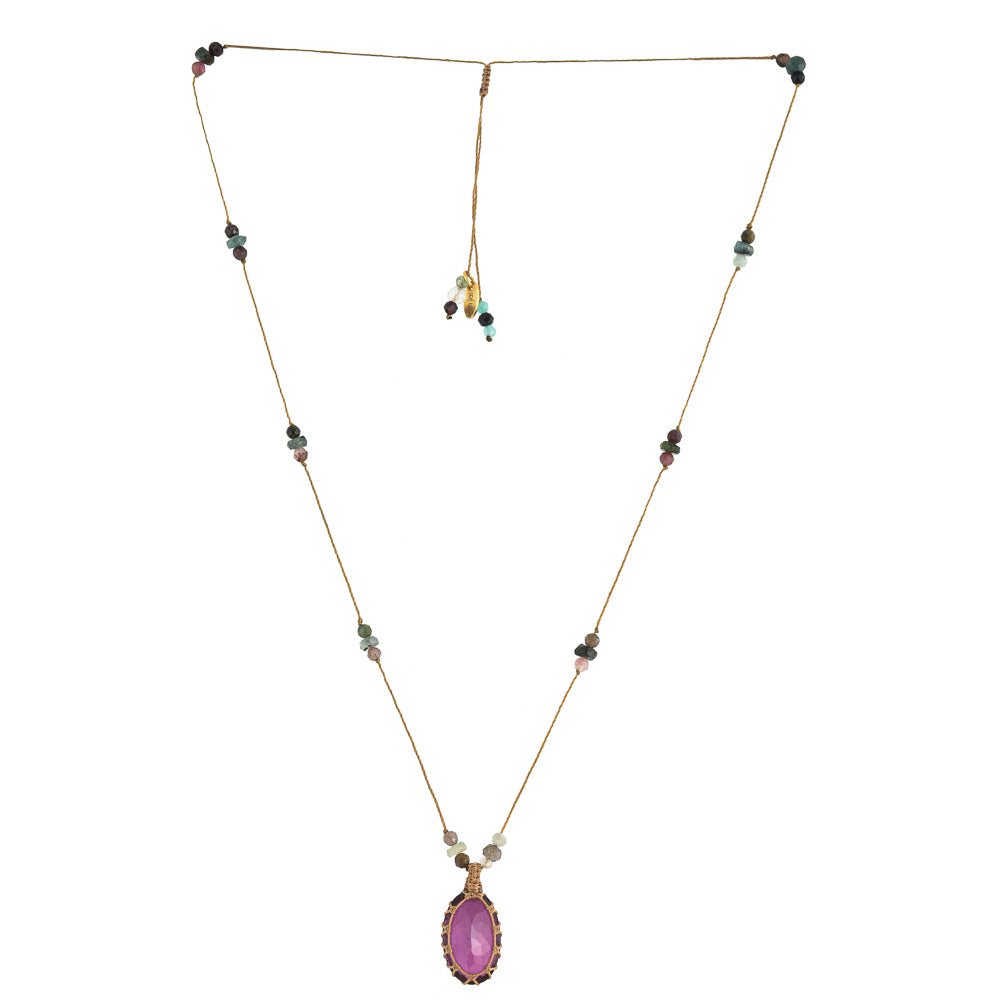 handgeknoopte ketting met amethist steen en multi stenen