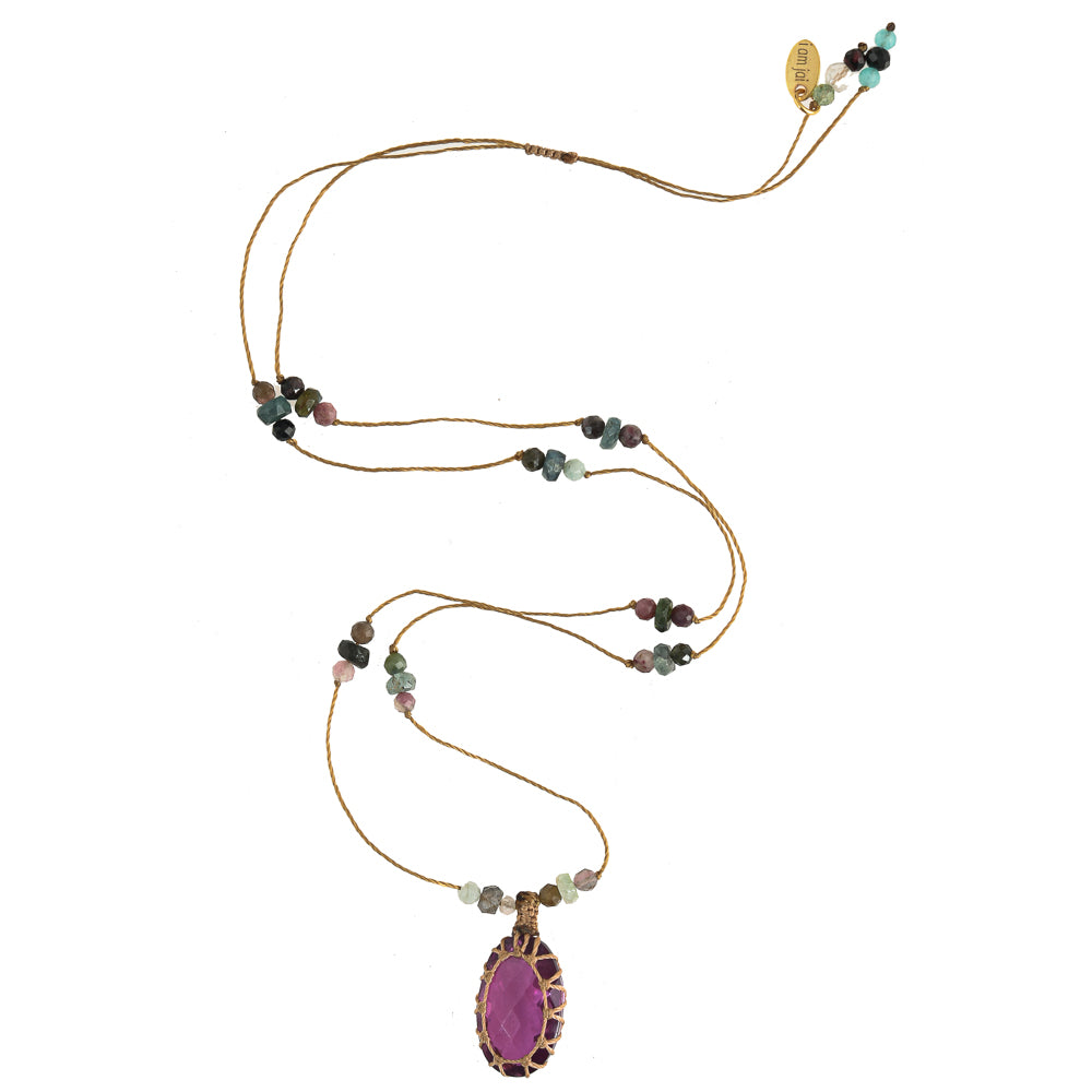 handgeknoopte ketting met amethist steen en multi stenen