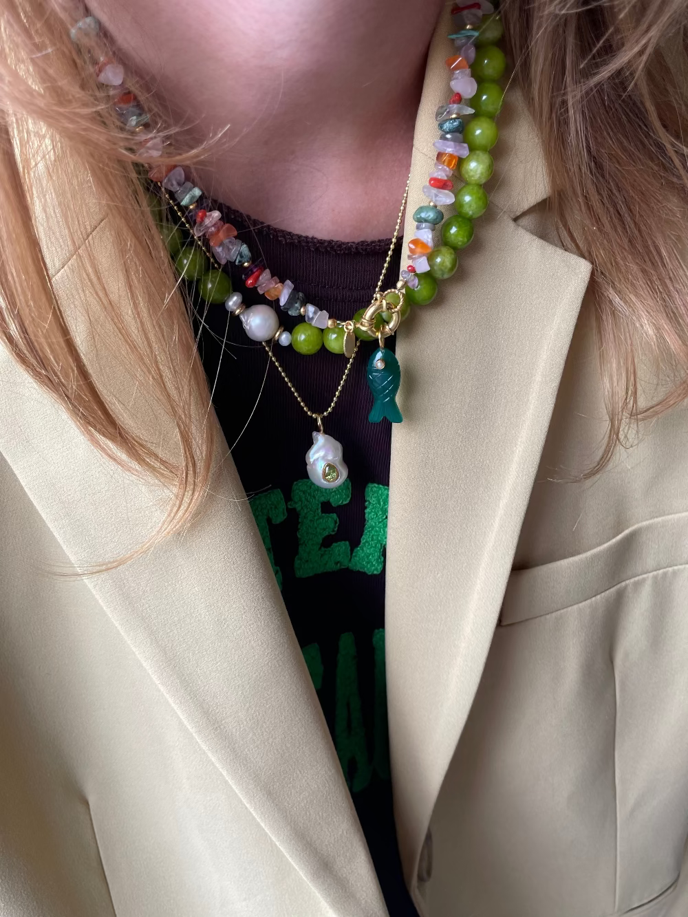 Groene onyx vis bedel met parel