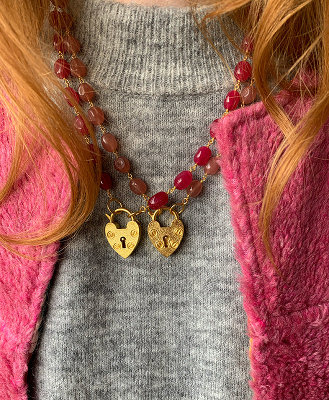 Thumble Stone Heart Lock Necklace
