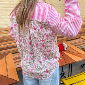 Gestreepte Roze Bloemen Blouse