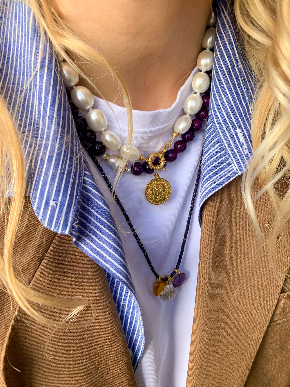 taiwan parel ketting met munt paarse jade ketting en blauw koordje met bedels