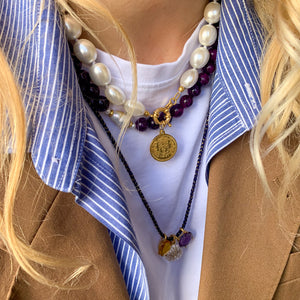 taiwan parel ketting met munt paarse jade ketting en blauw koordje met bedels