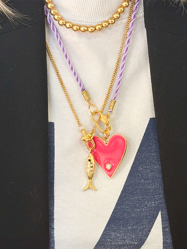 Satin Purple Thread Necklace Pink Heart