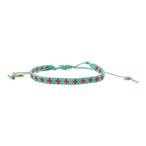 Woven Fine Glass Beaded Bracelet aqua with red for woman