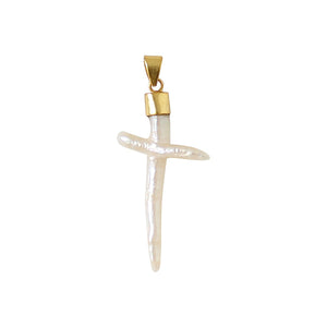 Large pearl cross charm with a gold plated hanger