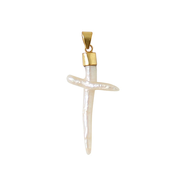 Large pearl cross charm with a gold plated hanger