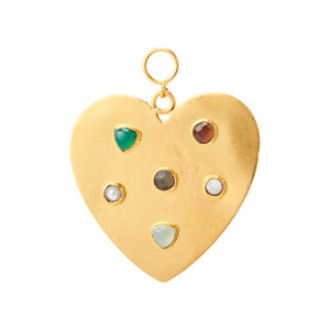 Large gold plated heart with 6 different small stones pearl, green, yellow, brown charm for women