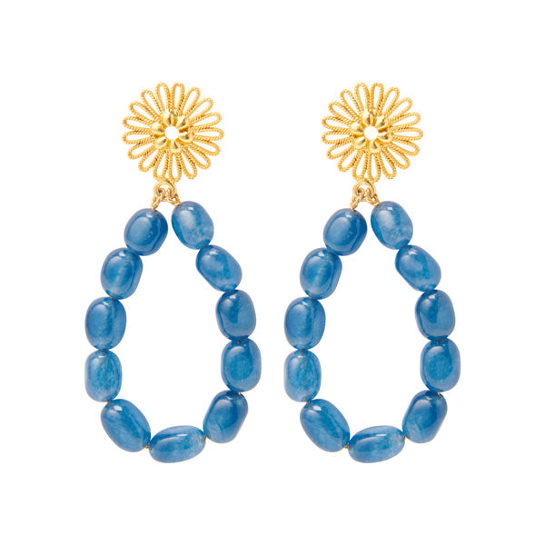 Drop Earrings Blue Jade With Flower Studs for woman, gold plated