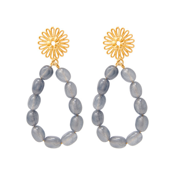 Drop Earrings Grey onyx With Flower Studs for woman, gold plated