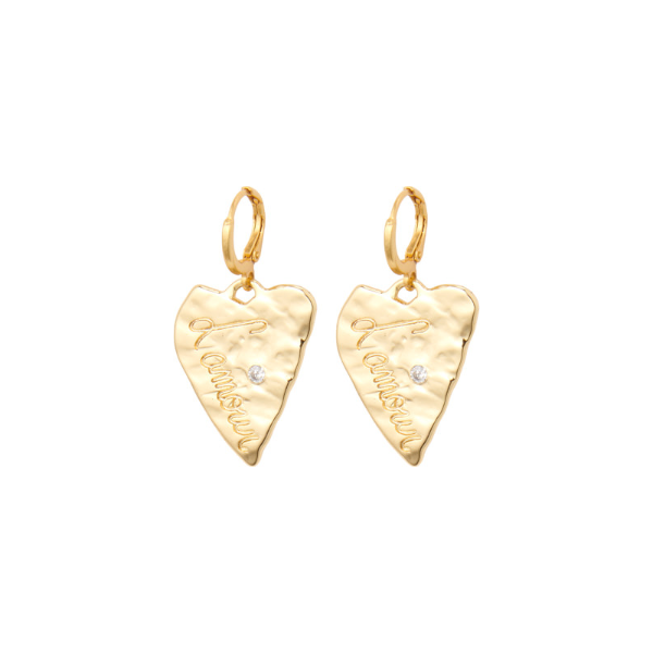 L'Amour heart earrings for women, gold-plated with relief, engraved with l'amour and a small zircon