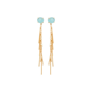 Gold dangling Chain Earrings with a aqua stone stud for woman, gold plated