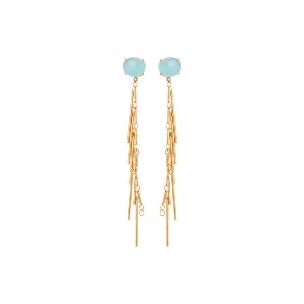 Gold dangling Chain Earrings with a aqua stone stud for woman, gold plated