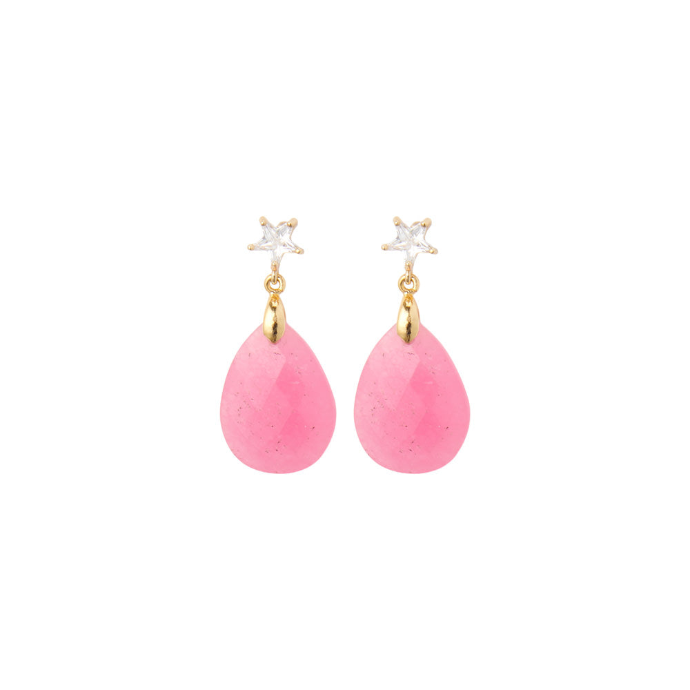 Small drop earrings Pink onyx with a diamond star stud for woman, gold plated