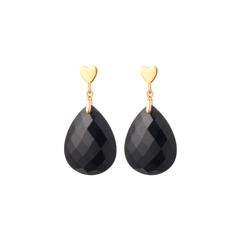 Medium drop earrings black onyx with a gold heart stud for woman, gold plated