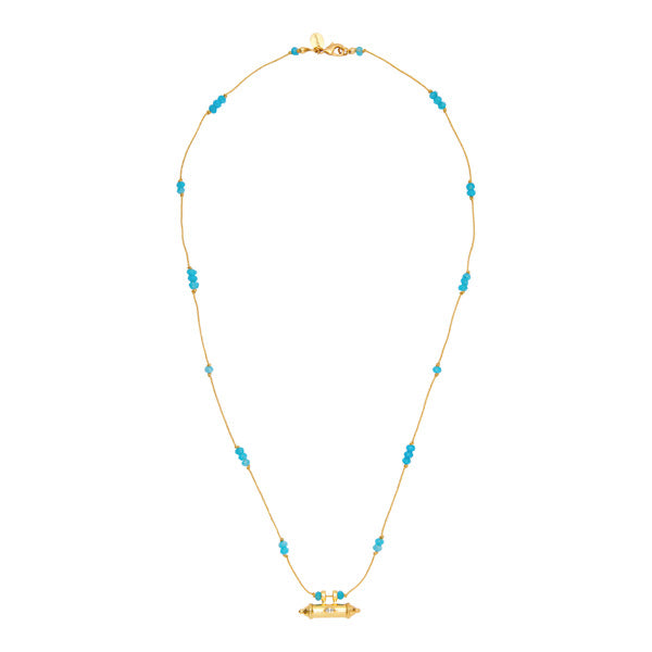 Gold Thread Necklace With Aqua Beads And a goldplated small box for woman