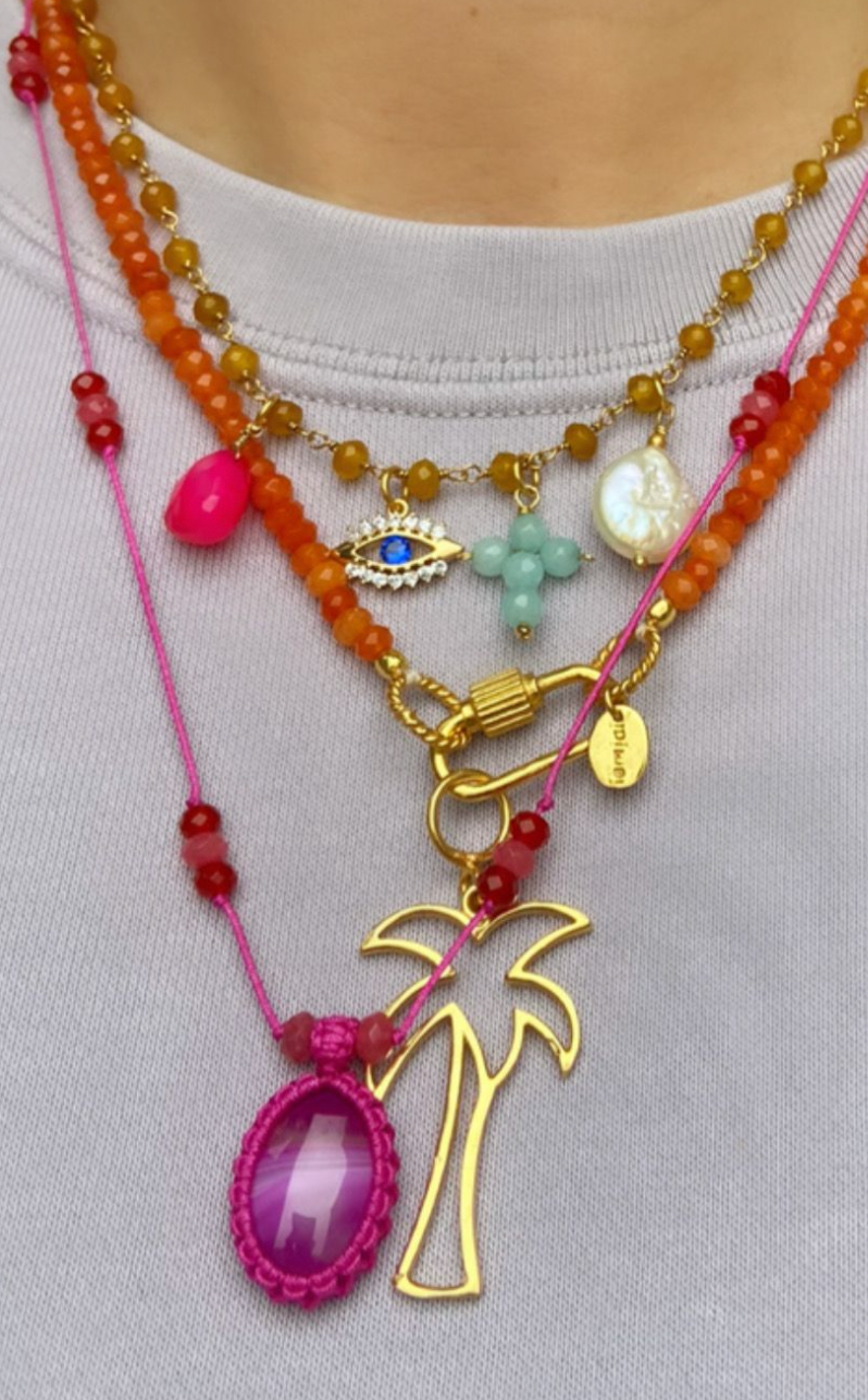 Pink Thread Necklace With Beads And Pendant