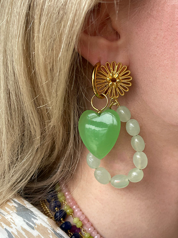 Drop Earrings Green Jade With Flower Studs
